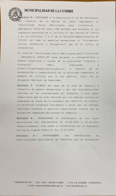 MEDIDAS TOMADAS POR EL EJECUTIVO MUNICIPAL DE LA CUMBRE