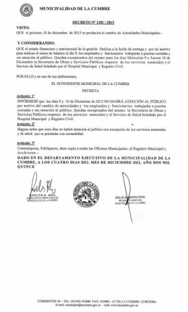 ATENCION: LOS DIAS 9 Y 10 DE DICIEMBRE NO HABRA ATENCION AL PUBLICO EN LA MUNICIPALIDAD DE LA CUMBRE