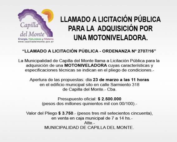 LLAMADO A LICITACIÓN PÚBLICA PARA LA ADQUISICIÓN POR UNA MOTONIVELADORA.