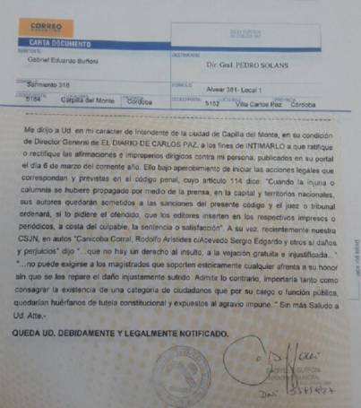 BUFFONI LE ENVIO CARTA DOCUMENTO AL DIARIO DE CARLOS PAZ