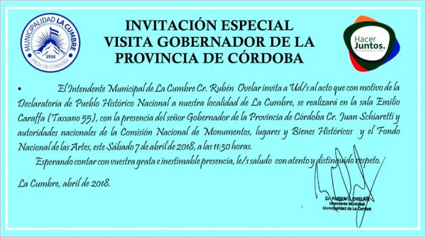 EL GOBERNADOR ESTARA ESTE SABADO 7 EN LA CUMBRE