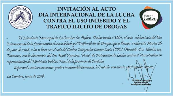 INVITACIÓN AL ACTO  DÍA INTERNACIONAL DE LA LUCHA CONTRA EL USO INDEBIDO Y EL TRAFICO ILÍCITO DE DROGAS