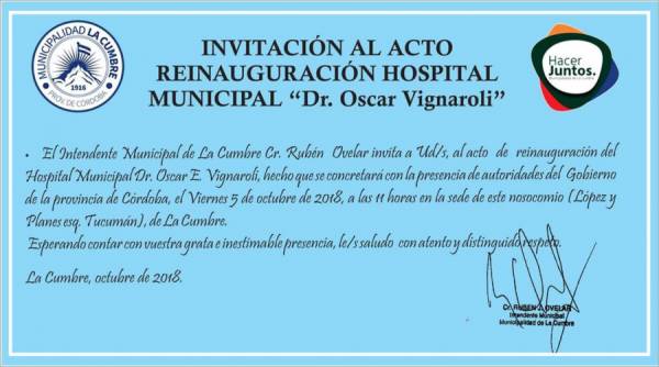 EL VIERNES 5 SERA EL ACTO DE REINAUGURACION DEL HOSPITAL DR.VIGNAROLI