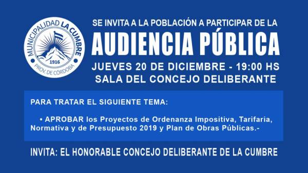 HOY JUEVES 20: AUDIENCIA PUBLICA TEMA PRESUPUESTO Y TARIFARIA