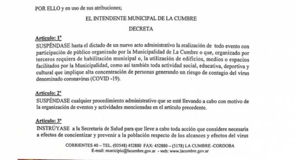 CORONAVIRUS: SUSPENSION DE EVENTOS MUNICIPALES Y PRIVADOS