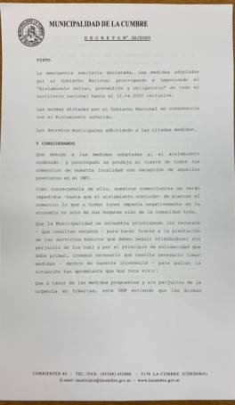 MEDIDAS TOMADAS POR EL EJECUTIVO MUNICIPAL DE LA CUMBRE