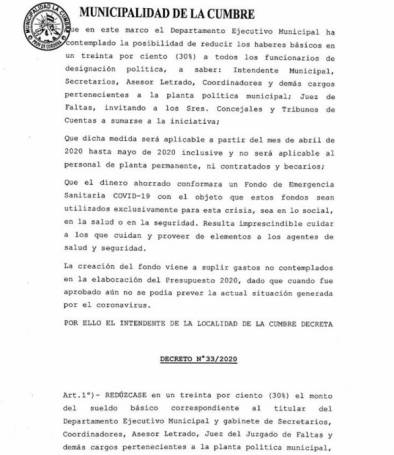 DECRETO DE PABLO ALICIO. REDUCCION DEL 30% SUELDO DE PLANTA POLITICA