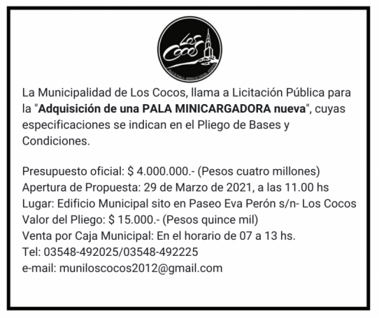 LA MUNICIPALIDAD DE LOS COCOS LLAMA A LICITACION