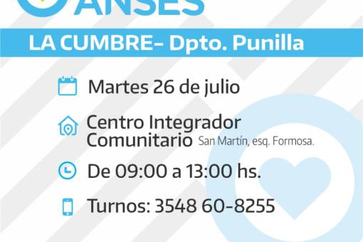 Atención: este Martes 26 habrá un Operativo Anses en La Cumbre