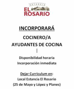ESTANCIA EL ROSARIO INCORPORA COCINERO/A