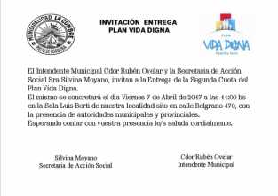 EL VIERNES SE ENTREGARAN LA SEGUNDA CUOTA DEL PLAN VIDA DIGNA