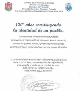 EL 20 DE OCTUBRE VA A SER EL ACTO POR LOS 120 AÑOS DE LA ESCUELA MARIA J.BUSTOS