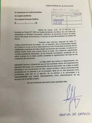 RENUNCIO LA SECRETARIA DE FINANZAS DE LA MUNICIPALIDAD