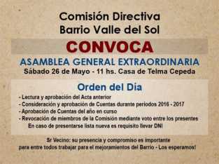 SE CONVOCA A VECINOS DEL BARRIO VALLE DEL SOL A ASAMBLEA