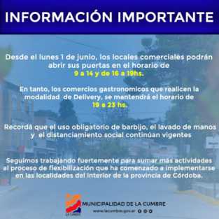 LA CUMBRE: NUEVOS HORARIOS DE COMERCIOS