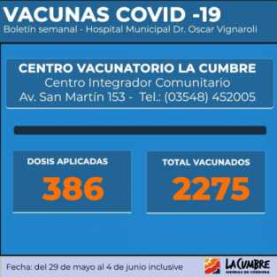 VACUNACION COVID LA CUMBRE: HASTA EL 4 JUNIO SE APLICARON 2275 VACUNAS